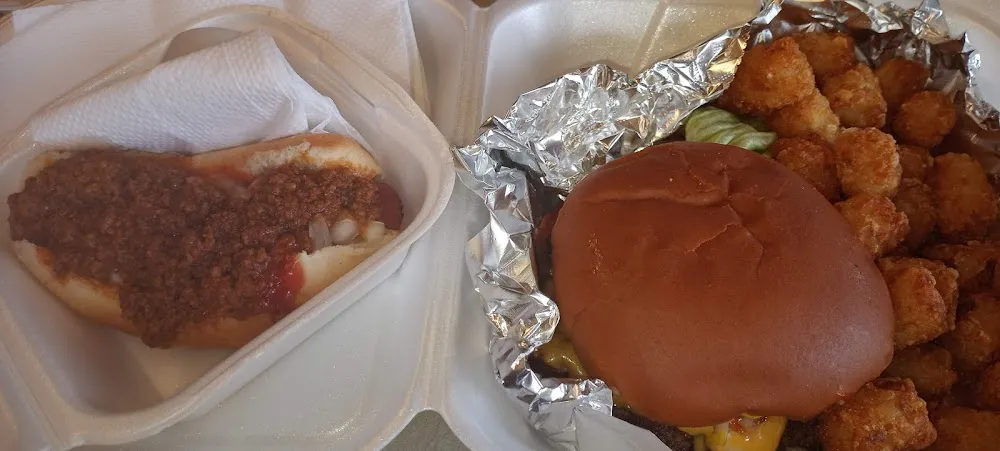 Cheeseburger with Fries and a Chili Dog